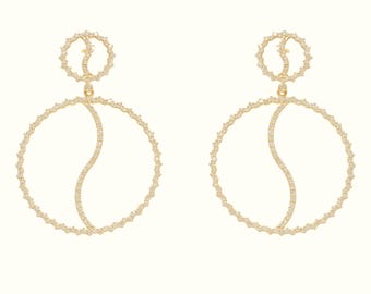 Circle Diamond Dangle Drop Earrings, 14k Solid Gold, Natural Diamonds, Geometric Statement Jewelry, Minimalist Hoop Earrings