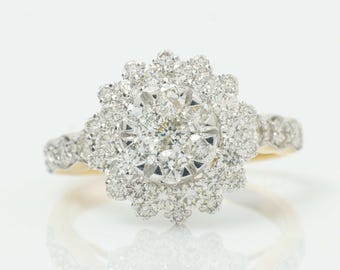 Pierścionek z naturalnym diamentem w kształcie kwiatowej aureoli: biżuteria z litego złota 14k, biżuteria zaręczynowa, certyfikowana biżuteria