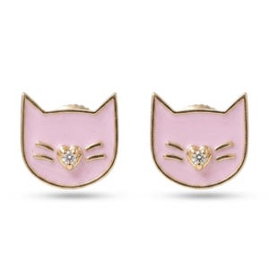 Kids Cat Natural Diamond Stud Earrings: 14k Solid Gold Pink Enamel Everyday Jewellery, Certified Jewelry, Duty Paid, Ready To Ship