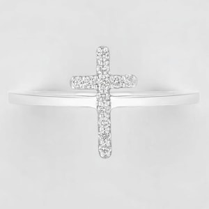 Cross Diamond Ring, 14k Solid Gold, Natural Diamonds, Minimalist Religious Ring, Handmade Dainty Cross Band, Ready To Ship