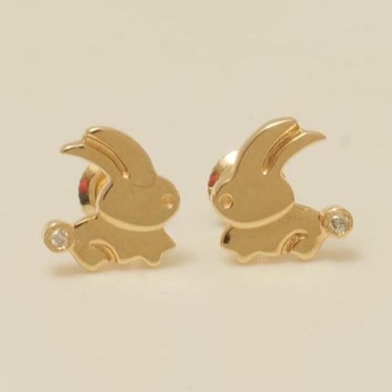 Kids Bunny Diamond Earrings, 14k Solid Gold, Natural Diamonds