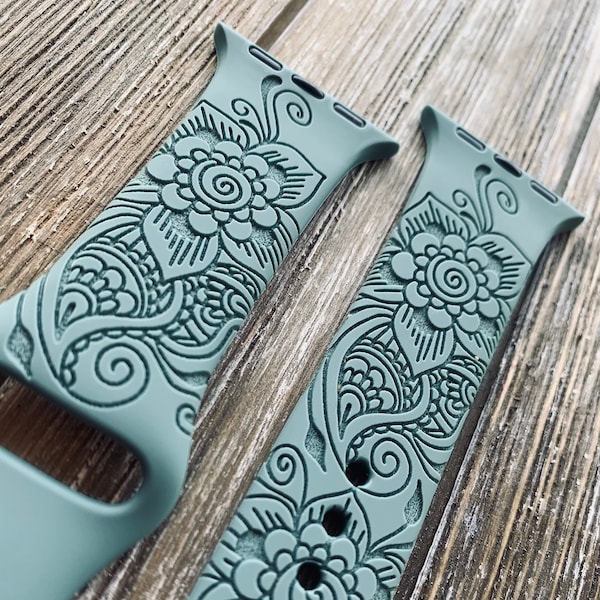 Henna Floral Pattern Engraved Watch Band Compatible With Apple Watch Bands 3 4 5 6 7 8 9 SE, Ultra 42mm 44mm 45mm 49mm 38mm 40mm 41mm