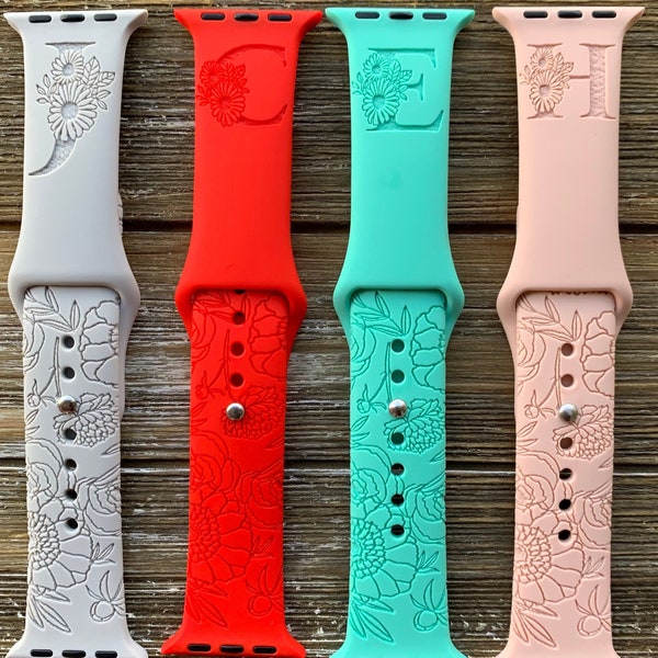 Monogram initials/Flower Engraved Watch Band Compatible with apple Watch Series 3 4 5 6 7 8 9 SE Ultra, 38mm 40mm  41mm 42mm 44mm 45mm 49mm