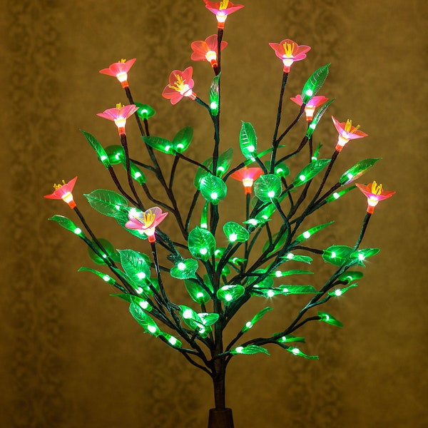 LED tree Table lamp Green soft silicone leaves and a large pink flower Light tree