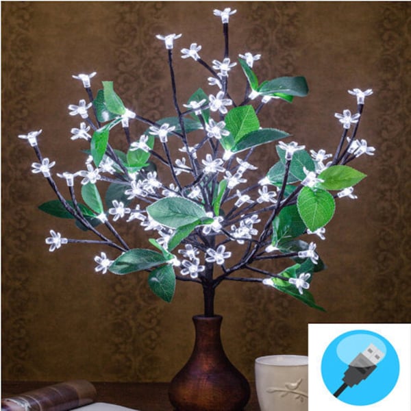 Tree Light lamp Sakura with white  flowers and green leaves  Flower lamp