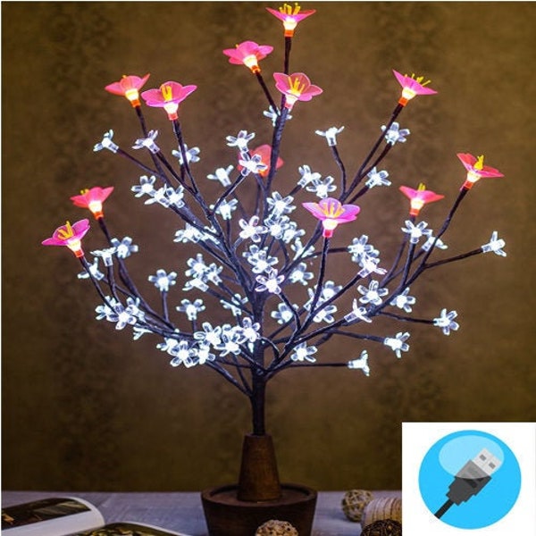 Arbre à LED avec une grande fleur rose et des fleurs transparentes, veilleuse. lampe d'ambiance. table lamp.flower lamp.led light.light arbre. lumières de la nuit