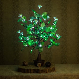 Tree  Flower lamp Bedside lamp Interior Decorative Lights White flower, and green silicone leaf + triple leaf