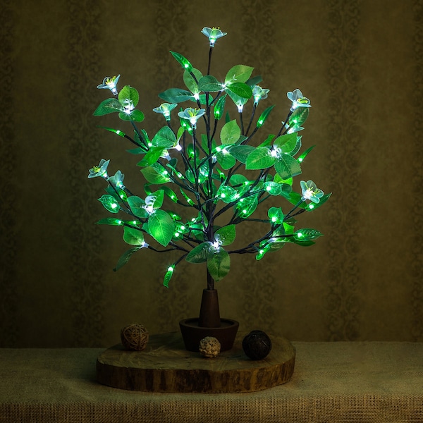 Tree  Flower lamp Bedside lamp Interior Decorative Lights White flower, and green silicone leaf + triple leaf