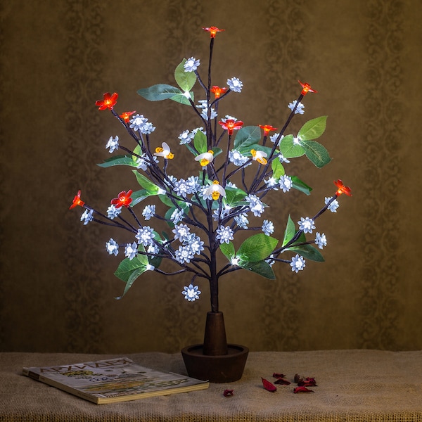 Blooming LED Tree Cherry blossom Table lamp Flower lamp  Christmas tree Mood for home Red+White Flowers+ Bees