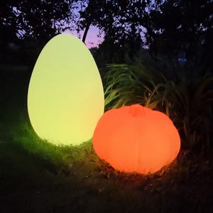 May include: Two illuminated outdoor decorative lights. One is egg-shaped and glows yellow-green. The other is pumpkin-shaped and glows orange. Both are on a grassy surface with a dark background of trees and foliage.