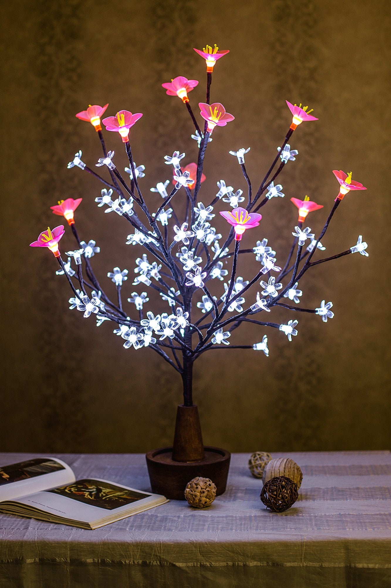 LED Tree with a pink large flower and transparent flowers Etsy
