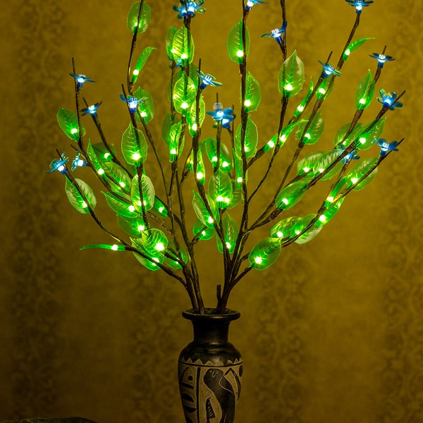 LED branchs Flower lamp Home decor Table lamp Green lamp Kids decor Blue Flower+ Green leaves