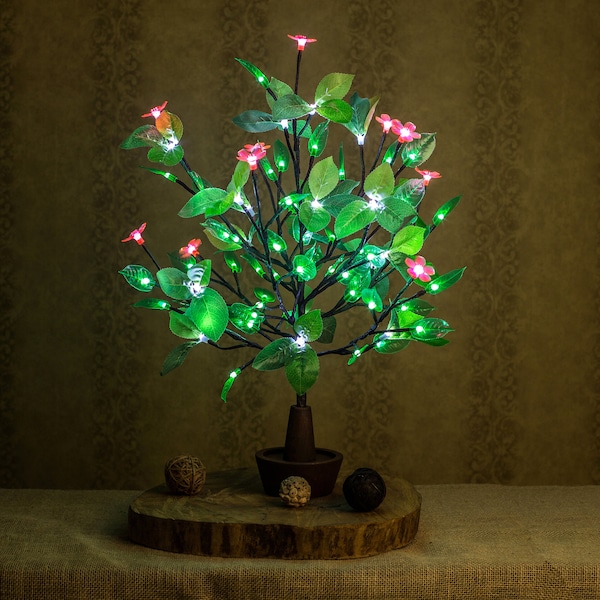 LED tree Kid Lights  Green soft leaves and pink flower Flower lamp