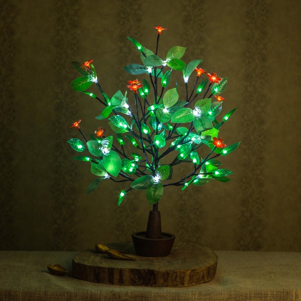 Night Lamp Tree Flower Aesthetic LED Fairy Tree Lamp  Night Light USB Tree For Office Home and Bedroom Decoration Red flower+ green leaves