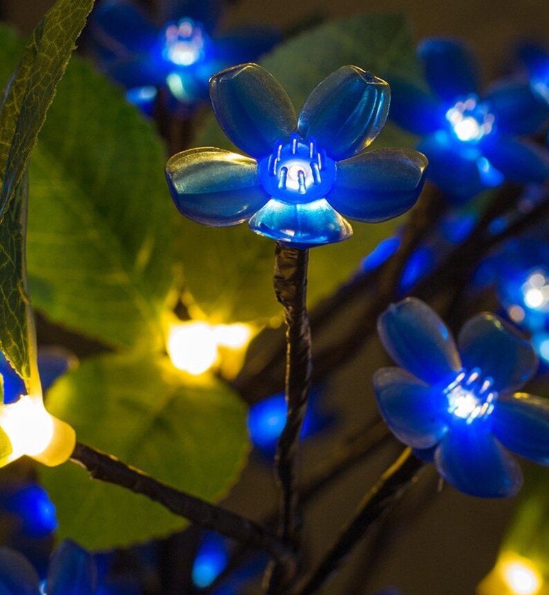Blue Cherry Blossom LED Tree Lamp: Wooden Base Night Light - Etsy