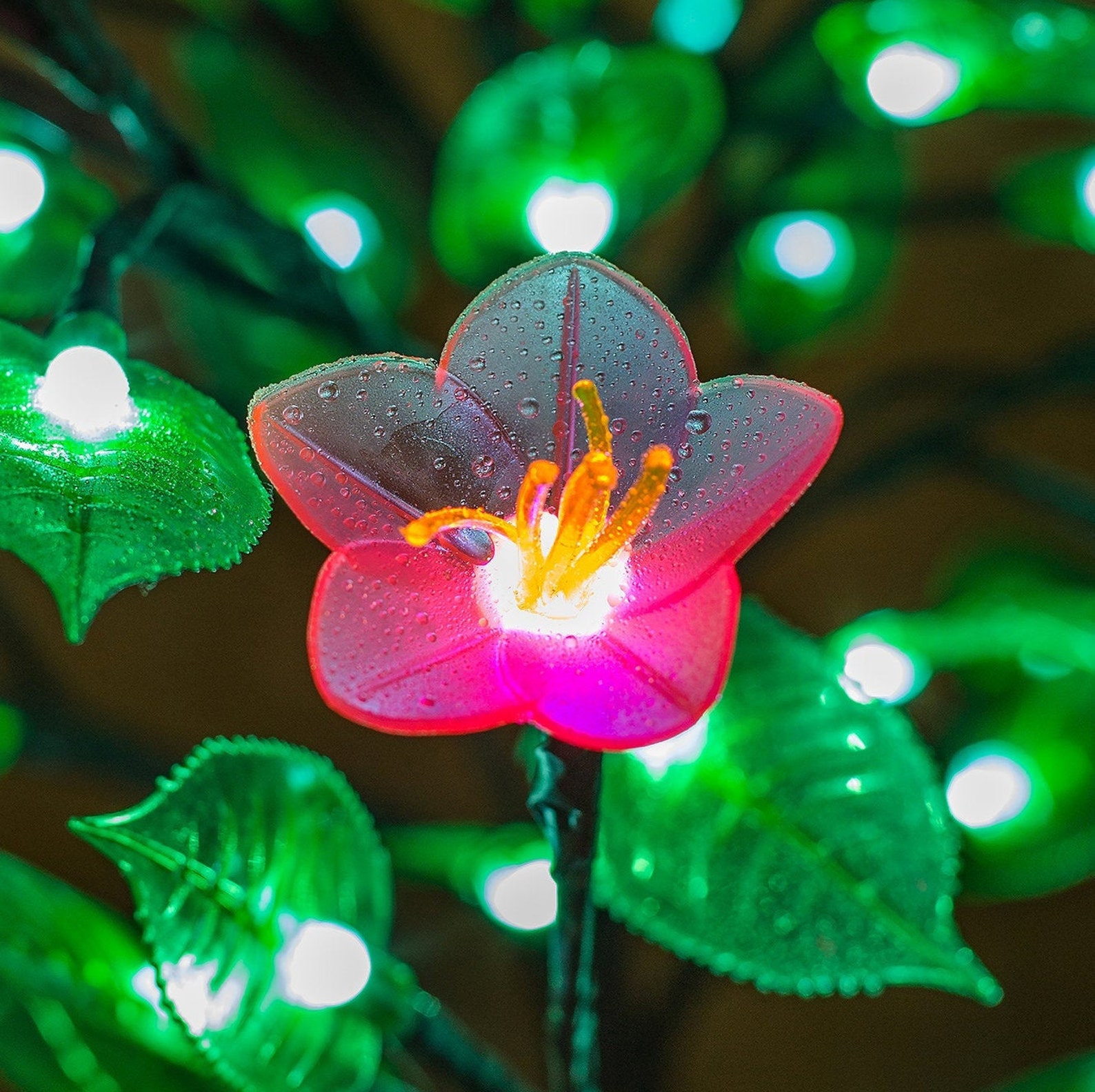 LED Tree Table Lamp Green Soft Silicone Leaves and a Large Pink Flower ...