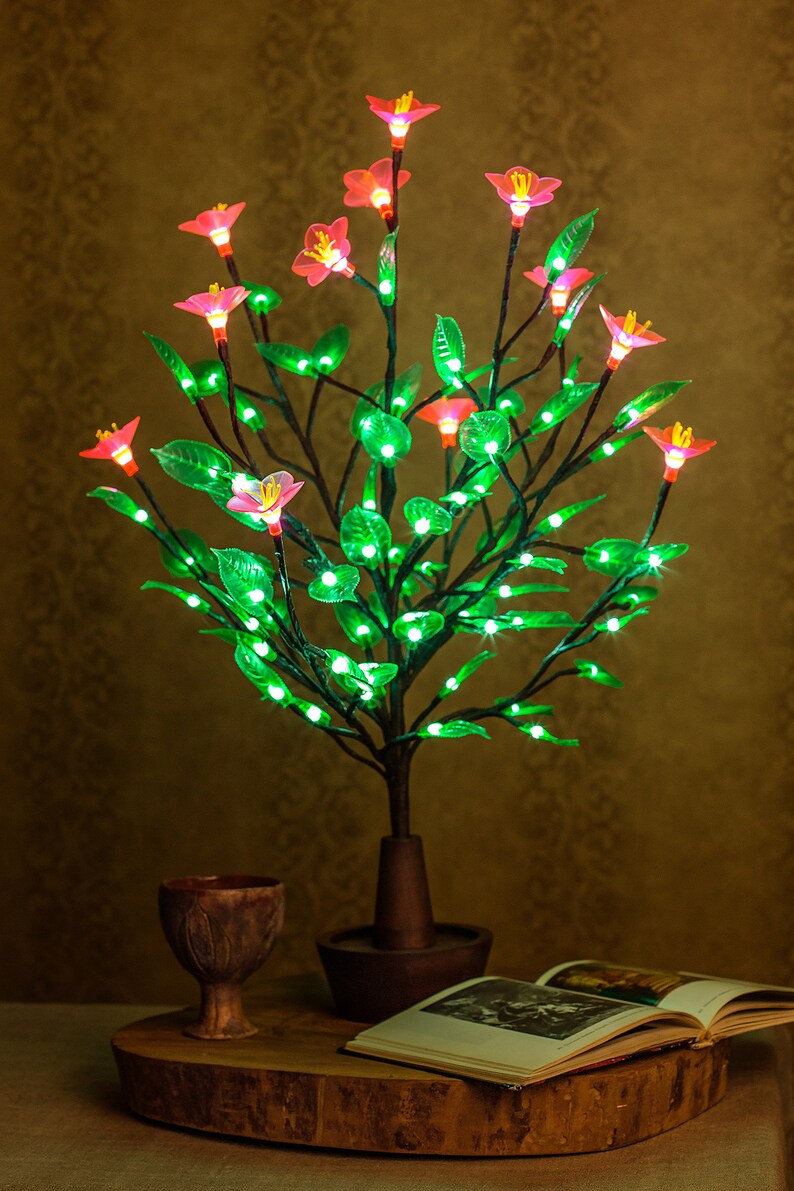 LED Tree Table Lamp Green Soft Silicone Leaves and a Large Pink Flower ...