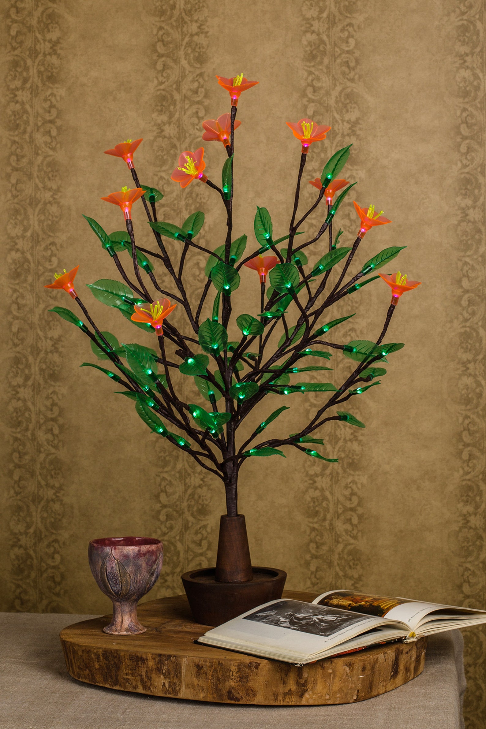 LED Tree Table Lamp Green Soft Silicone Leaves and a Large Pink Flower ...