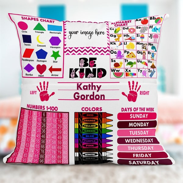 Personalized Learning Pillow Template, Baby Girl, Pre-K, Kindergarten, Back to School, Sublimation Design, Educational, Alphabet, Counting.