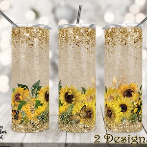 Diseño de vaso delgado de 20 oz, girasoles dorados, sublimación, oro, purpurina, tobogán de agua, mariposa, otoño, dorado, plantilla para sublimación.