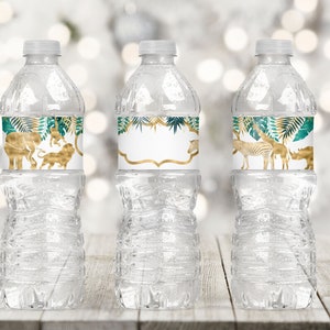 Safari Jungle Zoo Animals Water Bottle Gold Labels-Wrapper, Birthday, Baby Shower, Labels, Stickers, Tags, Party Supplies, Instant Download.
