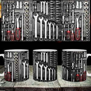 Diseño de sublimación de taza de 15 oz, caja de herramientas, mecánico, envoltura de taza, plantilla de sublimación, día del padre, regalos para hombres, kit de herramientas, PNG.