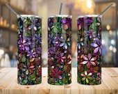 20 Oz Sublimation Design, Stained Glass Flowers, Garden, Straight Tapered, PNG, Tumbler Wrap, Sublimation Template.