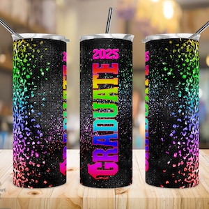 Graduate 2025 Tumbler Wrap, 20 Unze Skinny Sublimationsdesign, Zurück in der Schule, Schulbecher PNG, Regenbogen Leopard PNG, Klasse von 2025 PNG.