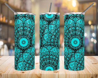 20 Oz Skinny Tumbler Sublimation Design, Mandala Tumbler,  Cyan, Straight/Tapered, Tumbler Wrap, PNG, Instant Download.