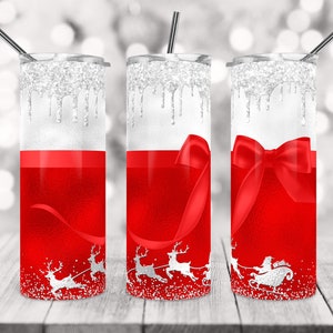 20 oz Skinny Tumbler Design, Weihnachtsbecher, rote Schleife, Santa Tumbler Wrap, Happy Holidays, Rentier, Schlitten, Sublimationsschablone.
