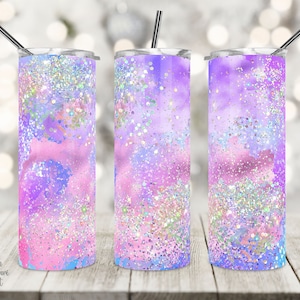 Design de sublimação para copo fino de 20 oz, copo holográfico, glitter, roxo, rosa, pastel, envoltório para copo, cônico, PNG, download instantâneo.