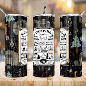 20 oz Skinny Tumbler Sublimation Design, Reglas de campamento, Vaso de madera, Vida de camping, Tumbler Wrap PNG, Recto / Cónico, Descarga instantánea