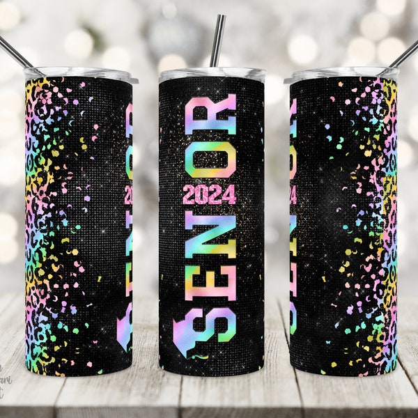 20 OZ Skinny Tumbler Sublimation Design, Senior 2024, Rainbow, Leopard Print, Back to School, Class of 2024, Straight/Tapered, Tumbler Wrap.