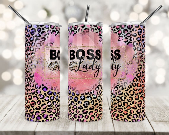 20 Oz Skinny Tumbler Design, Boss Lady, Glitter, Leopard Print