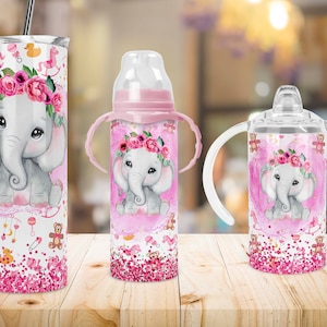 Sublimatiebundel voor babymeisjes - 20 oz skinny tuimelaar, 8 oz babyfles, 12 oz sippy cup-olifant, roze glitter, babyshower, moederleven, PNG.