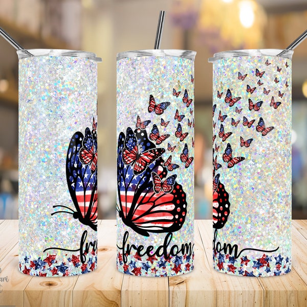 20 oz Skinny Tumbler Sublimation Design, USA Freedom Butterfly, Holographic Glitter, Patriotic, American Tumbler Wrap, Straight/Tapered, PNG