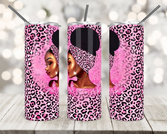 20 Oz Skinny Tumbler Design, Leopard Print, Black Woman