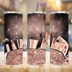 20 Oz Skinny Tumbler Sublimatie Design, Make-up Tas Tumbler, Rose Gold, Schoonheid is mijn zaak, Wakeup Make-up, Tumbler Wrap, Recht/Tapered