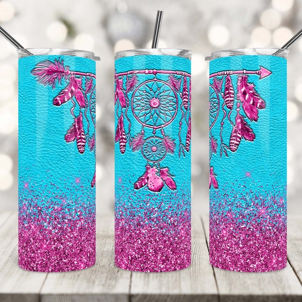 20 Oz Skinny Tumbler Sublimation Design, Dreamcatcher, Leather, Pink Faux Glitter, Straight/Tapered, PNG, Tumbler Wrap, Digital Download.