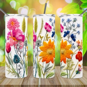 Flores bordadas em 3D, flores em 3D, design de sublimação de copo magro de 20 onças, reto/cônico, PNG, envoltório de copo, modelo de sublimação.