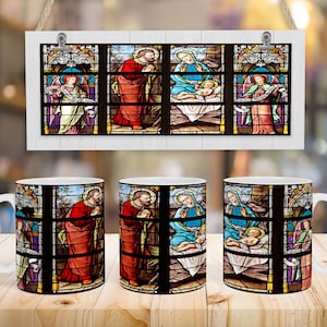 11 oz mok sublimatie ontwerp-de geboorte, gebrandschilderd glas mok, kerkraam, mok wrap, mok ontwerp, PNG.