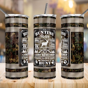 Diseño de sublimación de vaso flaco de 20 oz, reglas de caza de camuflaje de barril de whisky, vida de caza, envoltura de vaso, recto/cónico, descarga instantánea