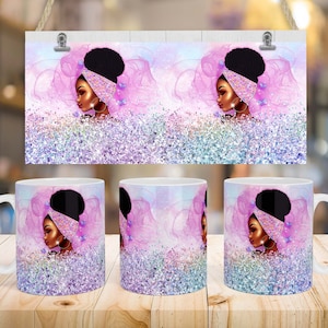 11 Oz mok sublimatie ontwerp, zwarte vrouw, glitter, Afro-Amerikaans, zwarte meid magie, mok wrap, sjabloon voor sublimatie.