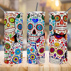 20 oz Skinny Tumbler Sublimation Design, Sugar Skull, Day of the Dead, Mexicain, Halloween, Gothique, Droit/Conique, PNG, Téléchargement instantané.