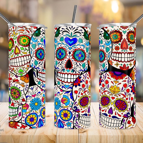 20 oz Skinny Tumbler Sublimation Design, Sugar Skull, Day of the Dead, Mexican, Halloween, Gothic, Straight/Tapered, PNG, Instant Download.