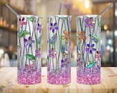 20 oz Skinny Tumbler Design, Stained Glass Flowers, PNG, Tumbler Wrap, Pink Glitter, Hello Spring, Sublimation Design, Instant Download.
