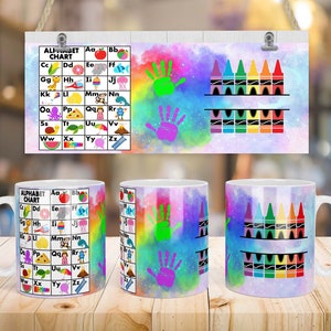 11-Unzen-Tasse mit Sublimationsdesign, Alphabet- und Buntstiftbecher, Zurück in der Schule, glücklicher Lehrertag, Becher für die Schule, Geschenke für Lehrer, PNG-Design.
