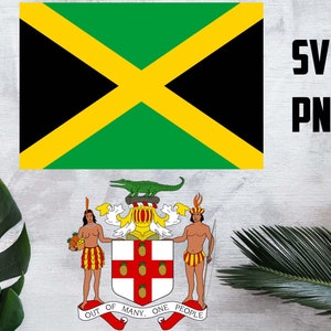 Jamaica Bandera y Escudo de armas Clipart- Emblema Nacional, País del Caribe, Bandera Nacional, Reggae, SVG, Descarga Instantánea.