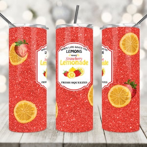 Conception de sublimation Skinny Tumbler de 20 oz, limonade à la fraise, étiquettes de gobelet, enveloppement de gobelet, modèle de sublimation, utilisation commerciale, PNG.