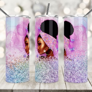 20 oz Skinny Tumbler Design, Femme noire, Paillettes, Afro-Américain, Black Girl Magic, Tumbler Wrap, Modèle pour sublimation.